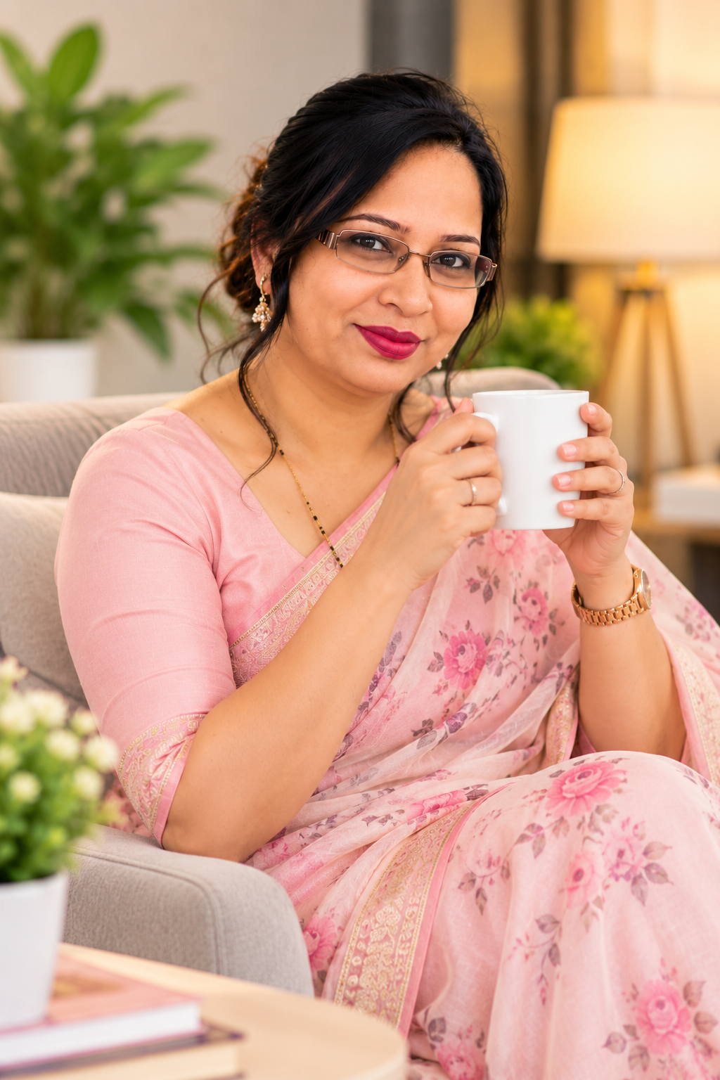Srilata Jain holding a cup in a calm setting